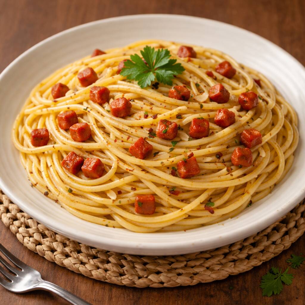 Macarrão Alho e Óleo com Cubos de Calabresa Defumada Sadia Chef Borjano Oficial. Um clássico da culinária italiana, preparado com cuidado artesanal e ingredientes naturais selecionados. Macarrão da linha Premium, cozido no ponto ideal, envolvido em um refogado de alho fresco e cebola roxa, dourados lentamente na manteiga e no azeite de oliva, realçados por temperos naturais que garantem aroma, sabor equilibrado e um toque caseiro elegante. A calabresa defumada Sadia, cortada em pequenos cubos, é refogada até atingir o ponto perfeito, ficando levemente dourada e suculenta, liberando seu sabor defumado e envolvendo o macarrão de forma uniforme. Um prato simples, honesto e cheio de personalidade — do jeito que só o Chef Borjano sabe fazer. Servido em marmita redonda de 750g, livre de Bpa. Crédito da Receita: Chef Borjano Oficial.