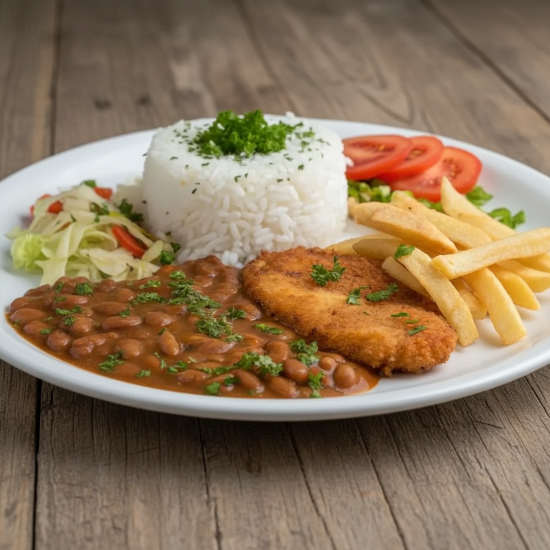 Delicioso filé de frango empanado e crocante. Acompanha arroz soltinho, Feijão Delicioso, batata frita dourada e uma saladinha fresca. Uma refeição completa, saborosa e irresistível!