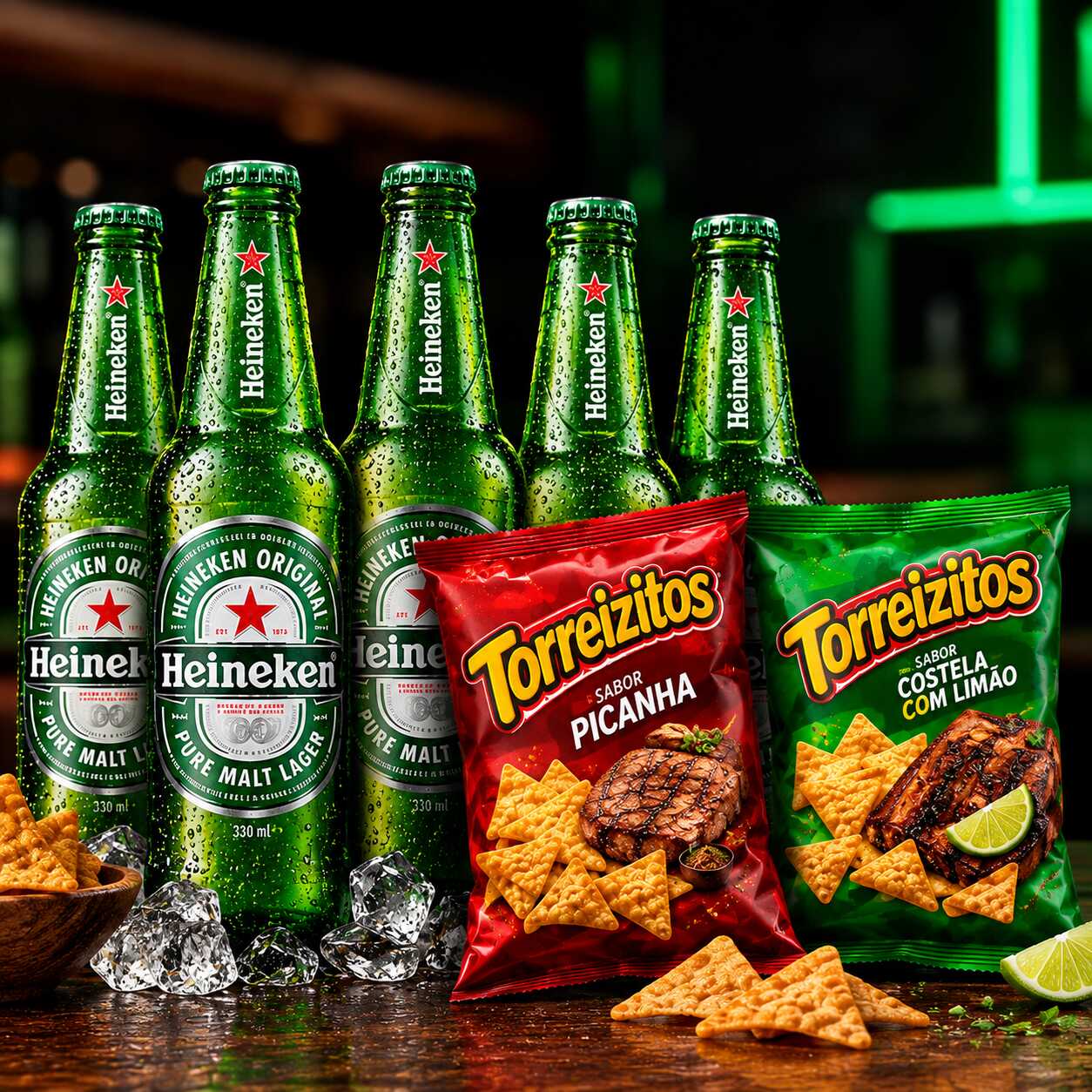 Combo 6 Heineken Long 330ml + 2 Torreizitos 70g Picanha e Costela Suina.