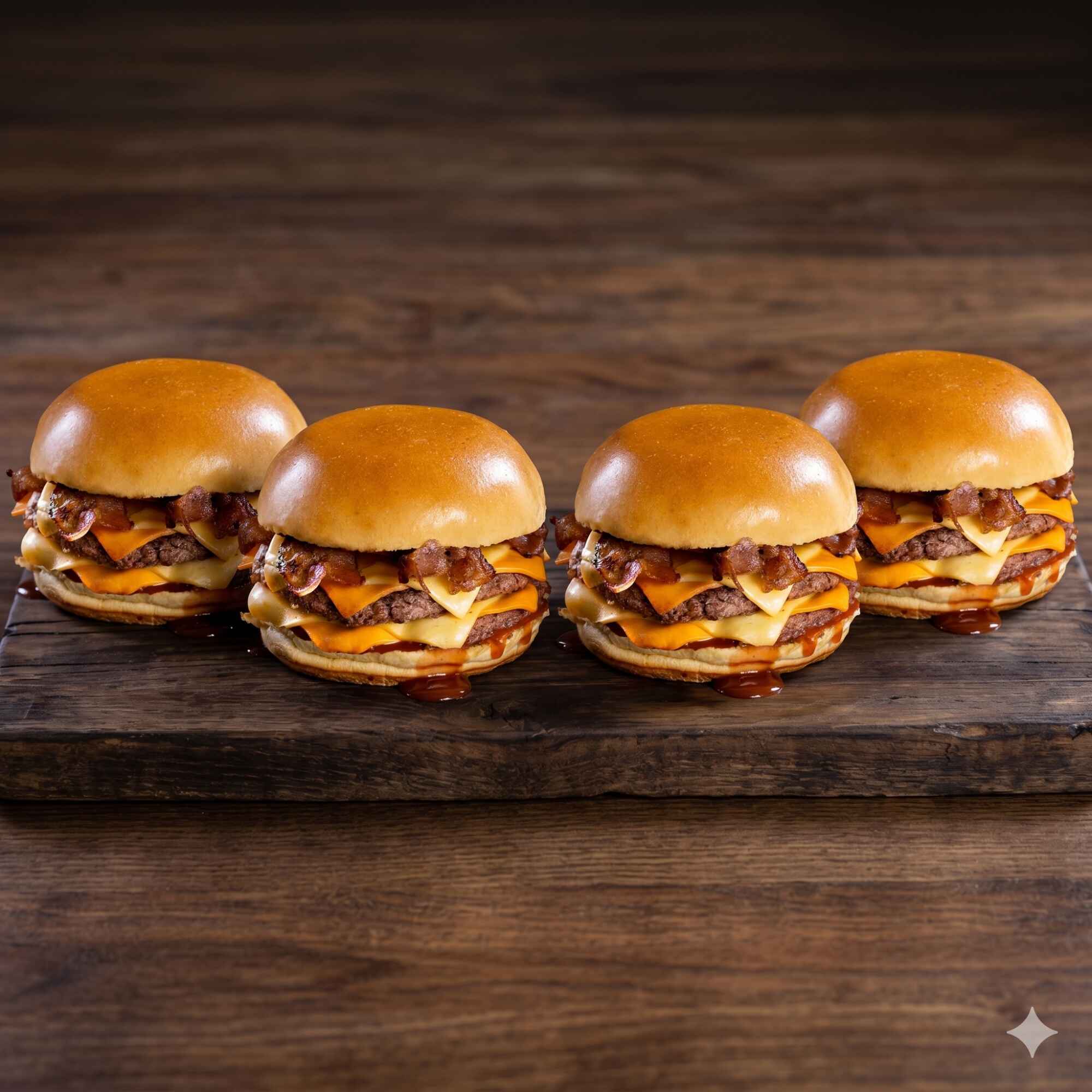 Pão liso selado na manteiga, 2 carnes de 55g cada, cheddar, bacon, salada rica e molho barbecue.