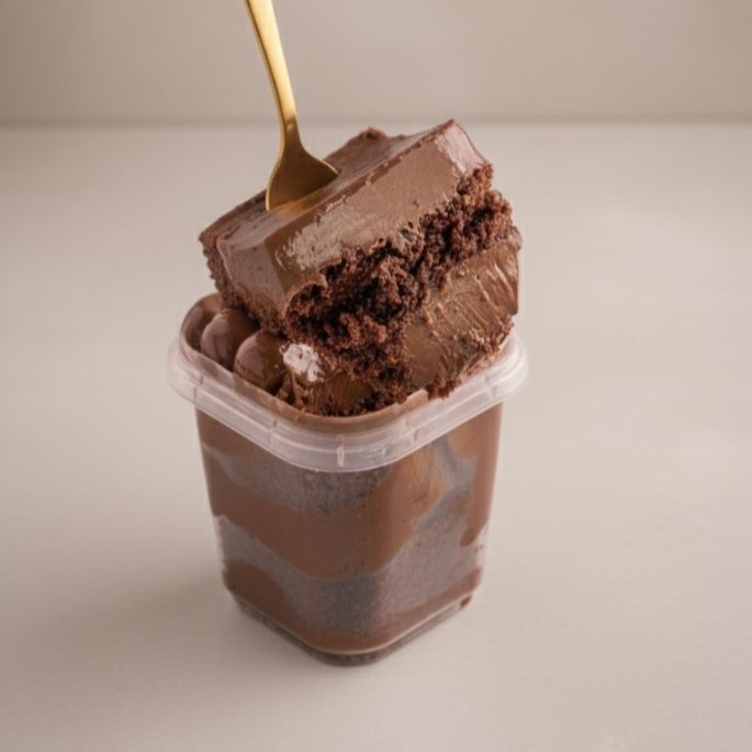 Massa fofinha e molhadinha de cacau 50%, recheado com o nosso cremoso brigadeiro ao leite finalizado com gotas de chocolate