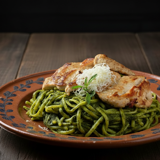 Tallarines Verdes con Pechuga a la Plancha