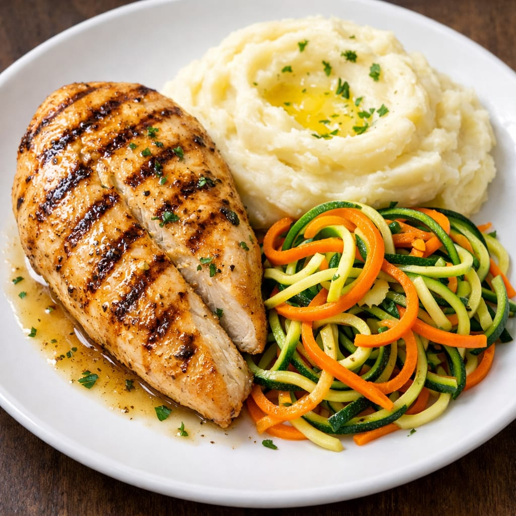 Arroz branco, feijão, espaguete de legumes, purê de batatas, filé de frango grelhado