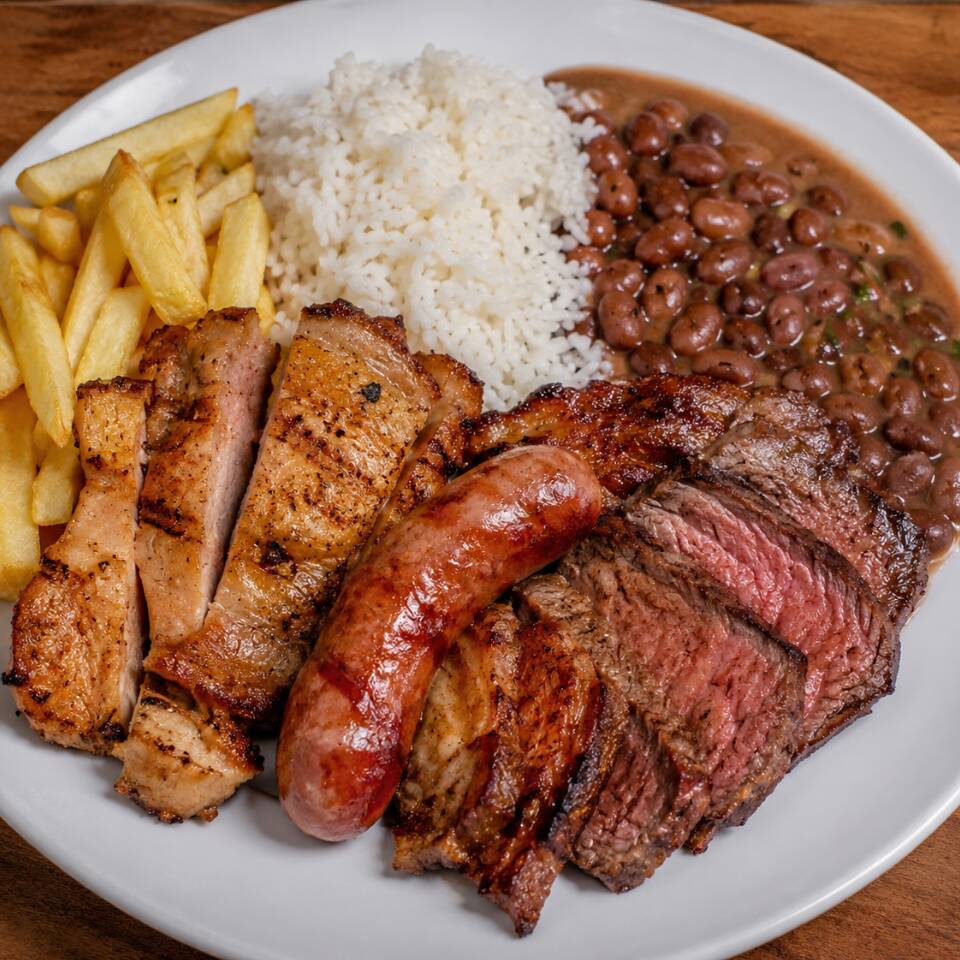 Acompanha: Arroz, Feijão, Farofa, Vinagrete e macarronese