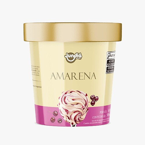 Gelato cremoso de mascarpone em um encontro perfeito com a acidez dos pedaços de amarena em calda.