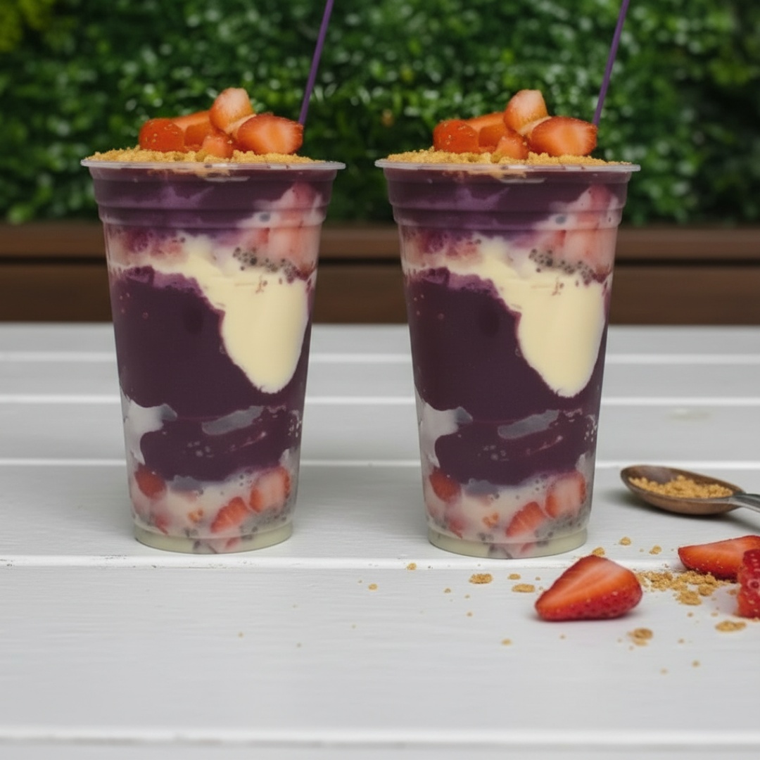 Escolha o tamanho do seu açaí e monte do seu jeito! Cada copo vem com 5 complementos à sua escolha e 1 creme grátis. Um combo perfeito pra dividir ou se deliciar em dose dupla — cremoso, saboroso e feito na hora do jeitinho Gallego’s de ser.