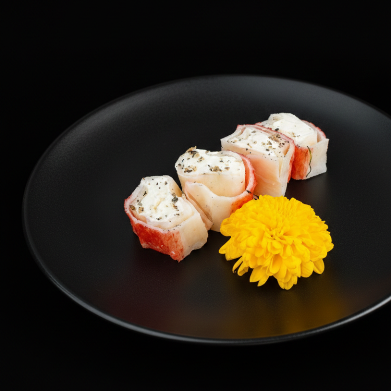 Creme cheese envolvido por lâmina de kani kama, finalizado com cebolinha e gergelim moído.