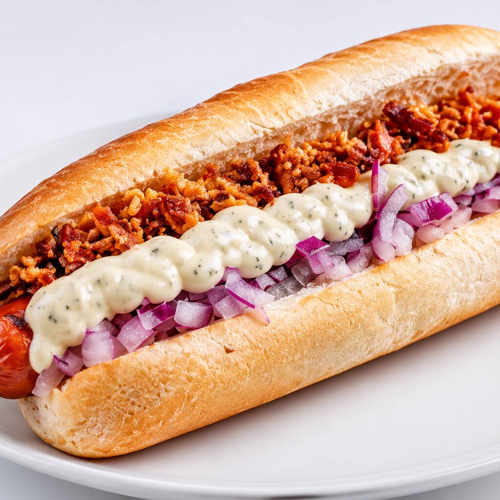 Salsicha Berna 100% Bovina, Creme De Gorgonzola, Bacon Crispy, cebola roxa, maionese da casa, pao de hot dog.