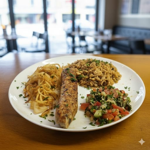 Kafta de frango bem temperado e grelhado, servido com arroz de lentilha aromático e tabule fresco.