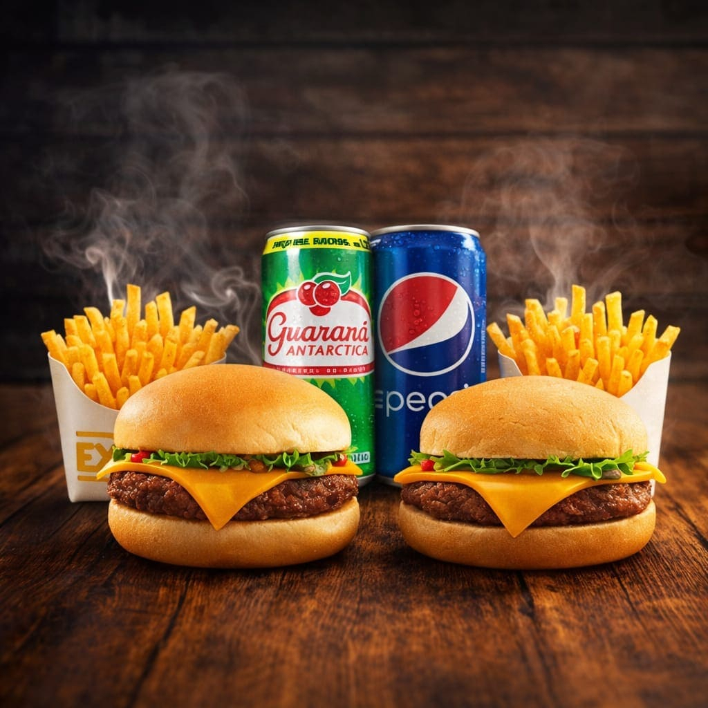 2 lanches x-salada + 2 saquinhos de batata + Refrigerante 1L (de acordo com a disponibilidade do restaurante). X-salada: pão, 1 hambúrguer, alface, queijo e molho tártaro.
