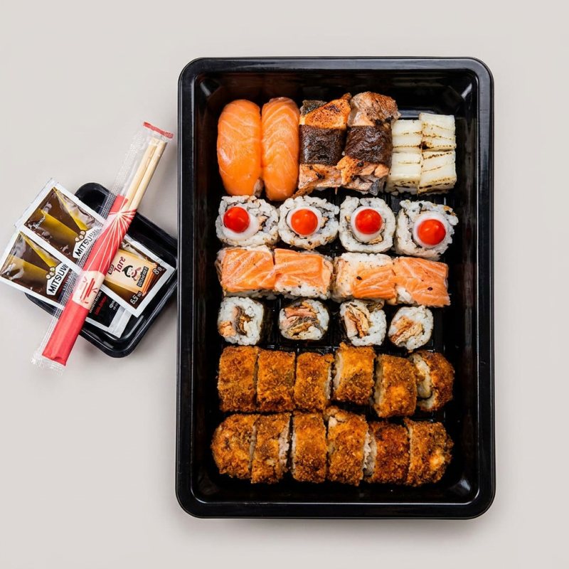 2 niguiri salmao,2 niguiri salmao maçaricado,4 niguiri pele ,8 maki salmao ,2 sashimi,2 jhoe filadelfia .
(acompanha hashi e molho da casa)