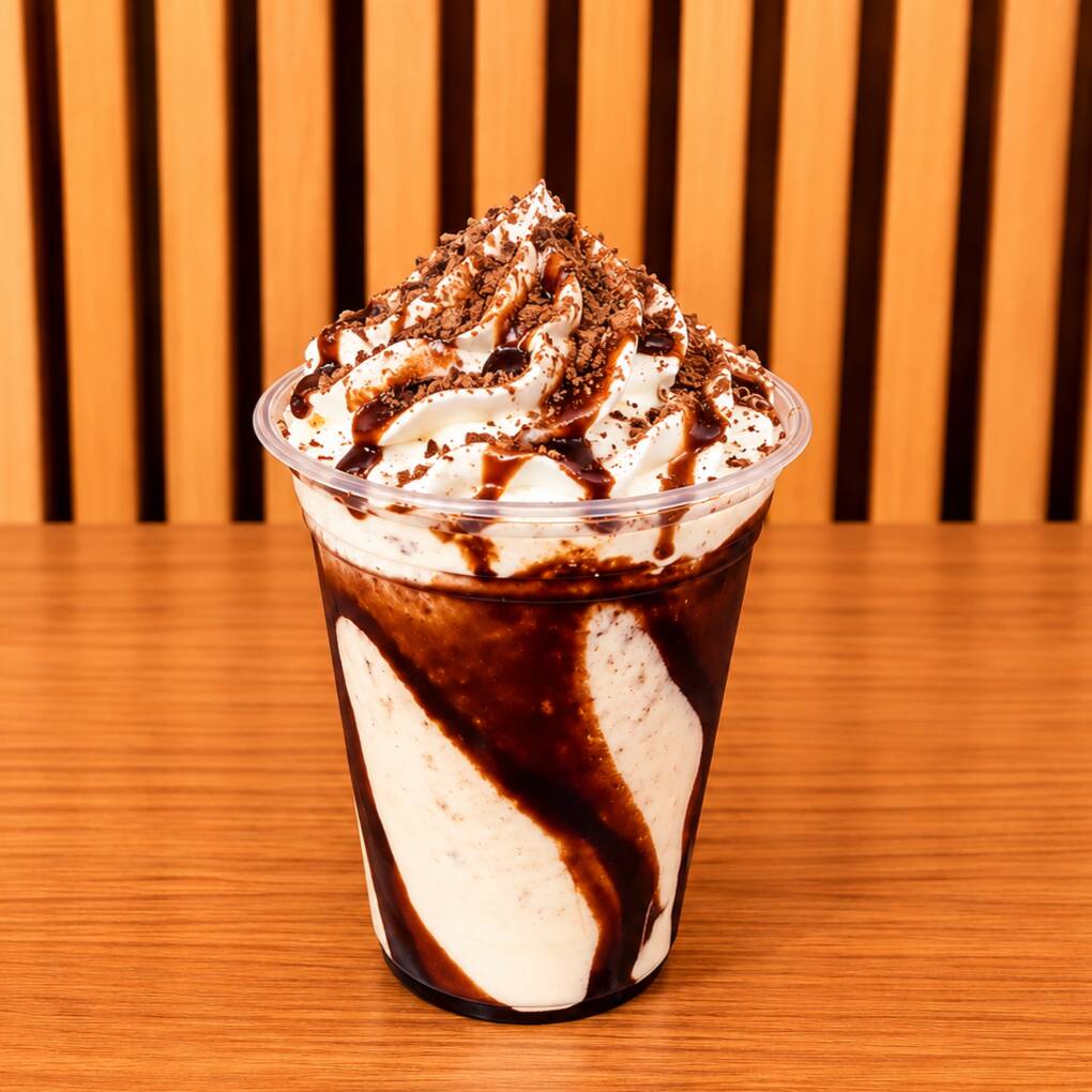 Super cremoso e geladinho! Batido na hora com sorvete premium. Escolha 1 sabor de sorvete e 1 calda inclusa para acompanhar.