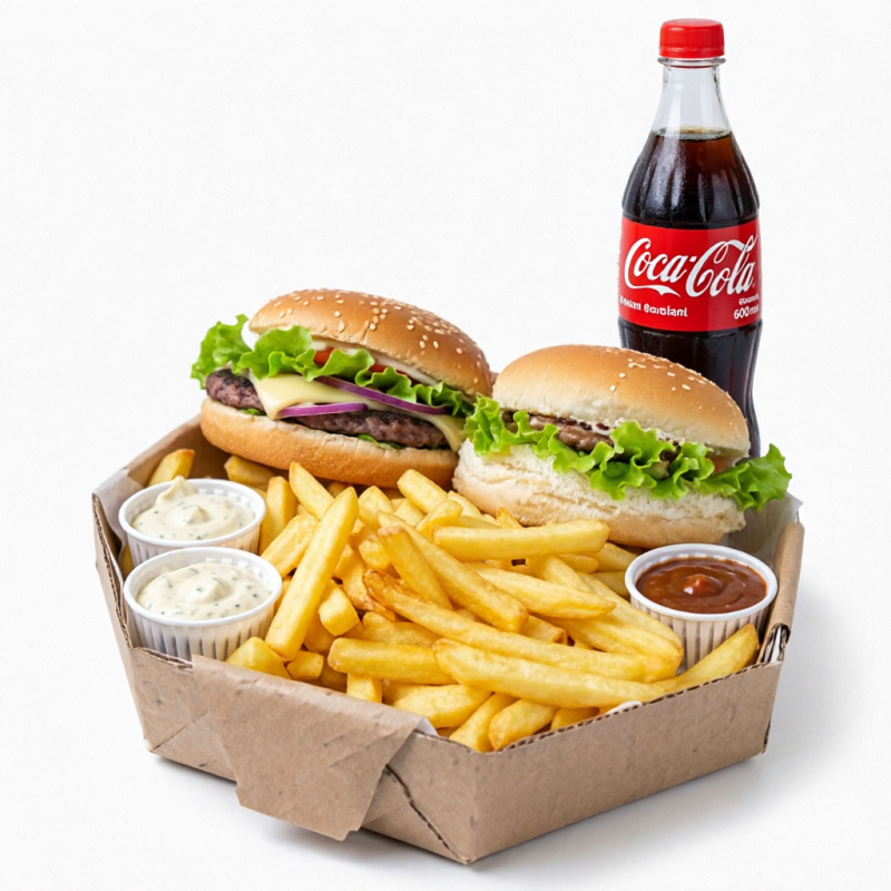 2 x burguer ou x salada porcao de batata 700g -molhos refrigerante 600ML