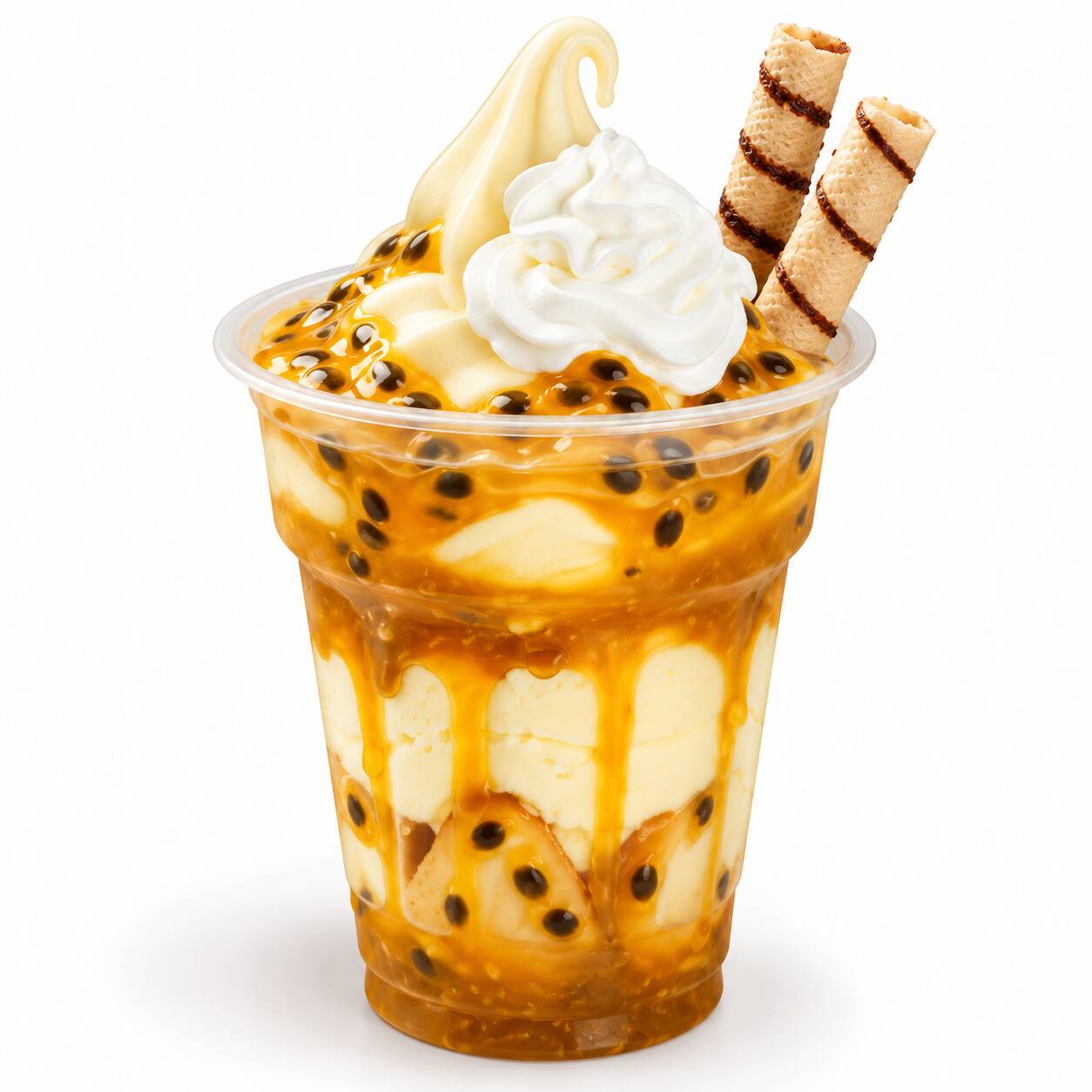 Delicioso sundae cremoso com com calda e frutas especialy