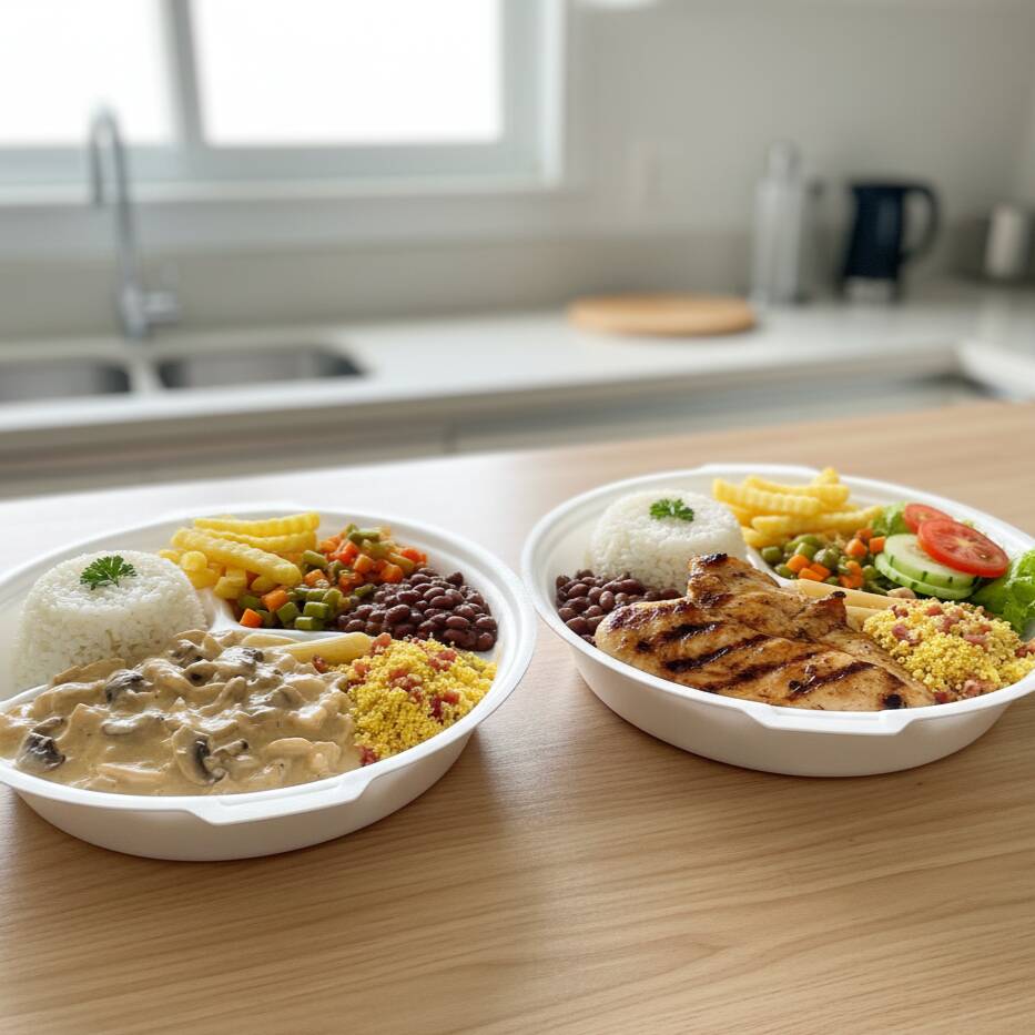 Combo com 2 Marmitas tamanho P. Primeira Strogonoff de Frango Arroz, feijão, macarrão do dia, farofa, legumes refogados e uma fritura variada & Segunda Frango Grelhado, Arroz, feijão, macarrão do dia, farofa, legumes refogados e uma fritura variada