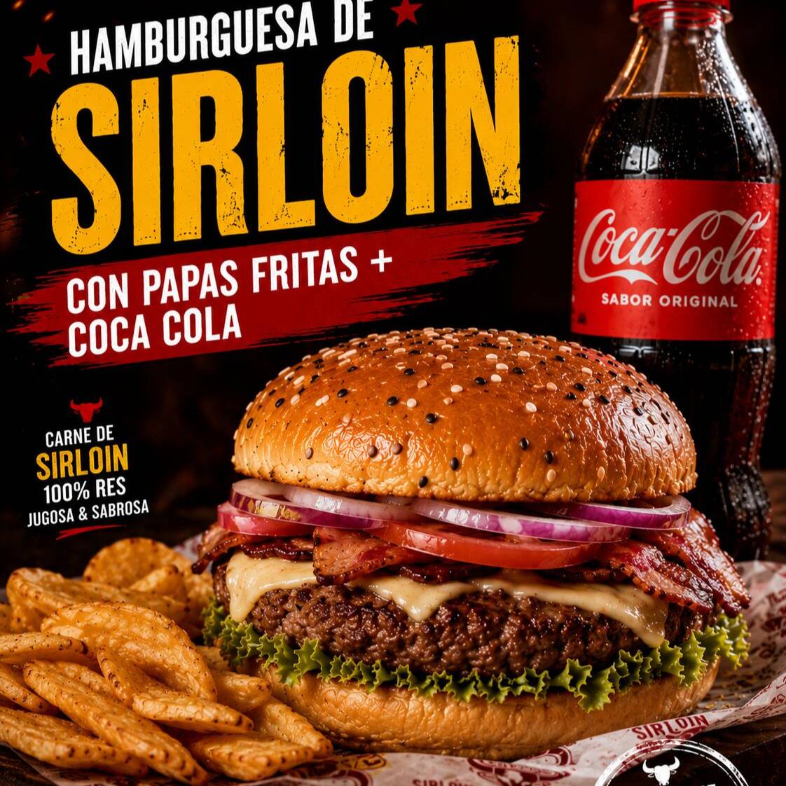 HAMBURGUESA DE SIRLOIN JUMBO CON PAPAS Y REFRESCO
