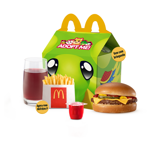 O McLanche Feliz acompanha sanduíche cheeseburguer com tomatinho ou McFritas como acompanhamento, uma refrescante bebida e Petit Suisse do Méqui como sobremesa. Brinquedo sujeito a disponibilidade de estoque por restaurante. Confira informações nutricionais em: mcdonalds.com.br/cardapio/ mclanche-feliz. Imagem Meramente Ilustrativa.
