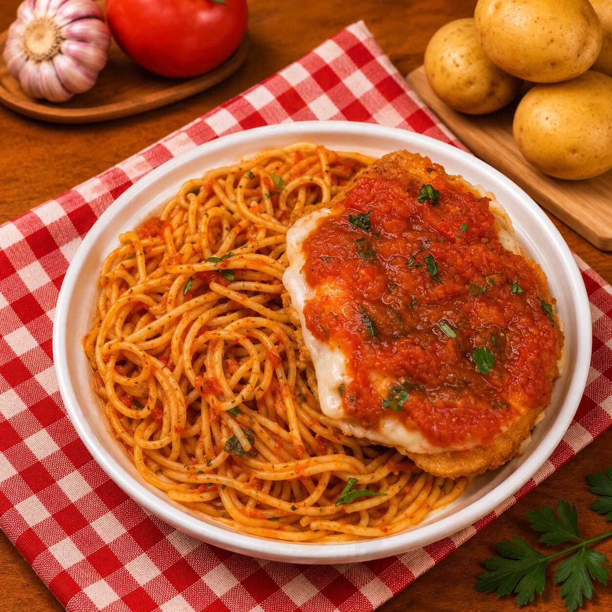 Nossa incrível parmegiana de frango muito querida por nosso clientes é de fato incomparável.O frango à milanesa com sabor exclusivo do cheff coberto com generoso molho de tomate e queijo mussarela derretido.Acompanha macarrão alho e óleo e mais um pedaço generoso de parmegiana.