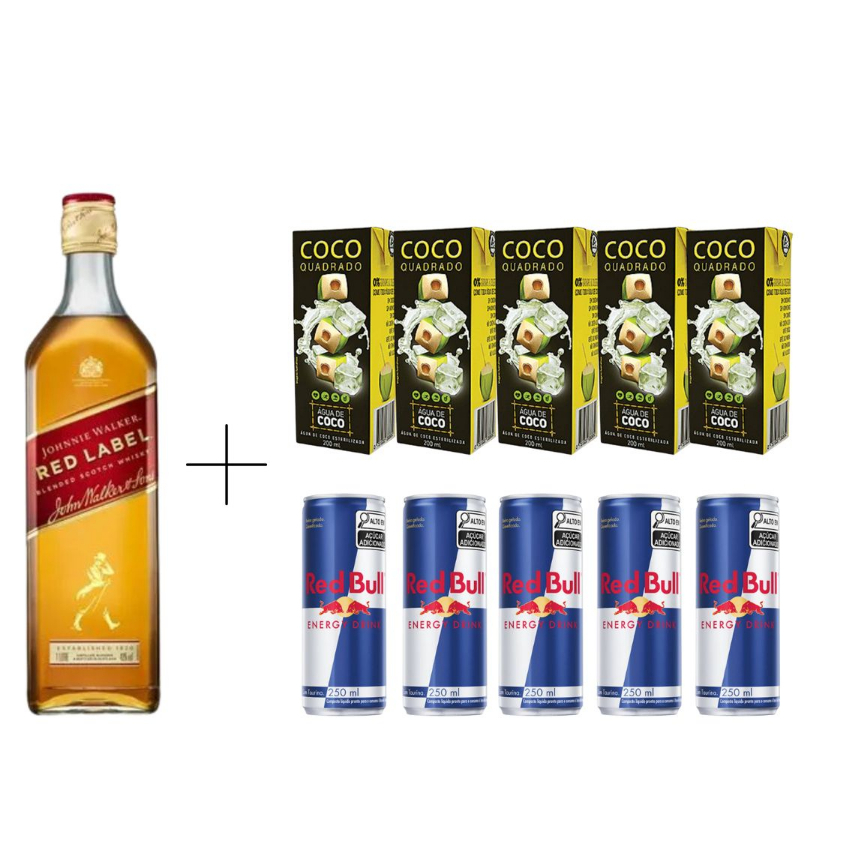 Garrafa Red Label, 5 Red bull Tradicional e 5 Gelos de Coco