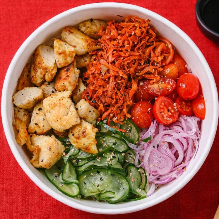 Serve bem 1 pessoa (Bowl com Aprox. 400g), tudo fresco, feito na hora do seu pedido. Salada proteica do seu jeitinho :) Escolha a base da sua salada saudável: 1. Base de shari (arroz japonês temperado que traz saciedade) 2. Base com folhas (fit - refeição leve, saudável e equilibrada) 3. Base com Arroz Integral (foco na Dieta) 4. Sem base com mais recheio (fit e proteico) Escolha proteína, acom