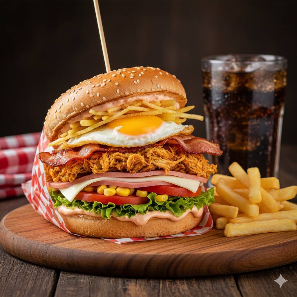 Pão, Frango, Bacon, Ovo, Presunto, Mussarela, Milho, Tomate, Alface, Batata Palha