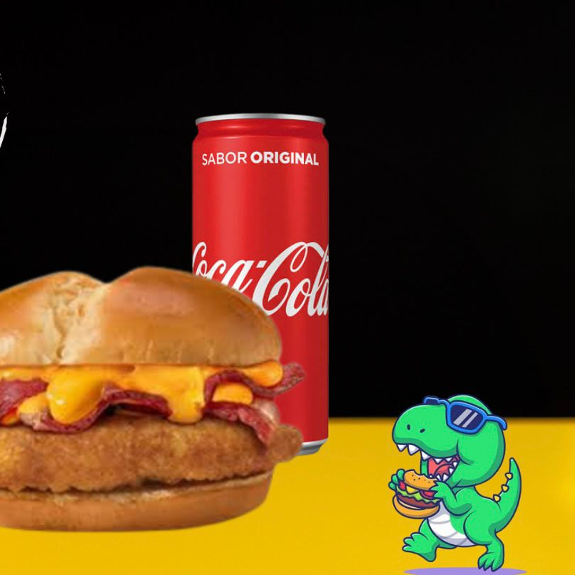 PÃO BRIOCHE, CHEDDAR CREMOSO, BACON EM CUBOS, BURGUER DE FRANGO EMPANADO, ALFACE E TOMATE