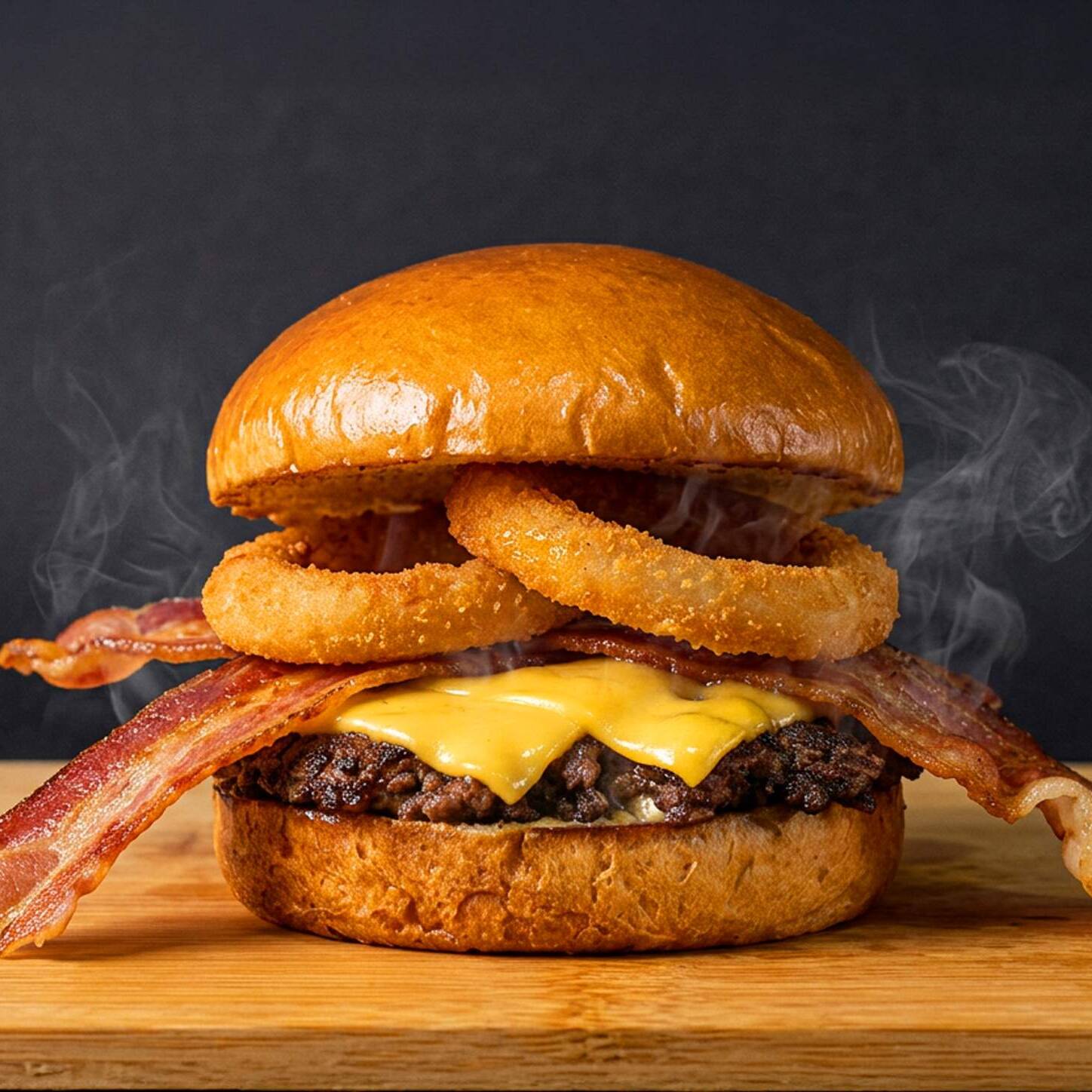 Pão brioche, smash burger 100g, cheeddar, deliciosos aneis de cebola e bacon crocante.