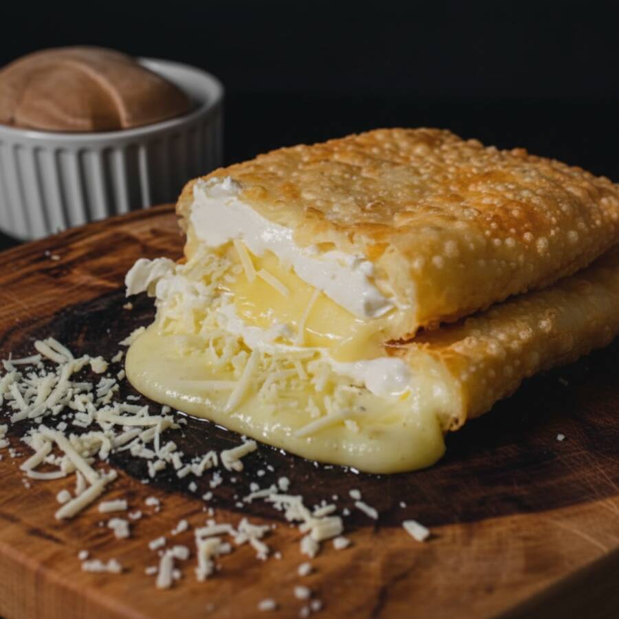 A deliciosa combinação de 4 queijos: Mussarela, Catupiry, Cream Cheese e Parmesão. Massa crocante e sequinha, Pastel de 20x10cm, recheado de ponta a ponta, preparado e frito na hora.
*imagem ilustrativa