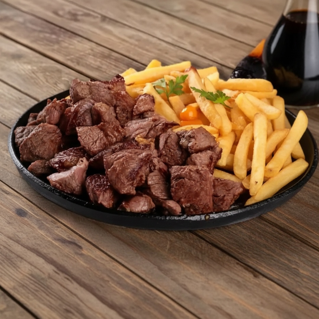 Marmita P - Arroz, batata frita, farofa, bife na chapa, ovo e salada.