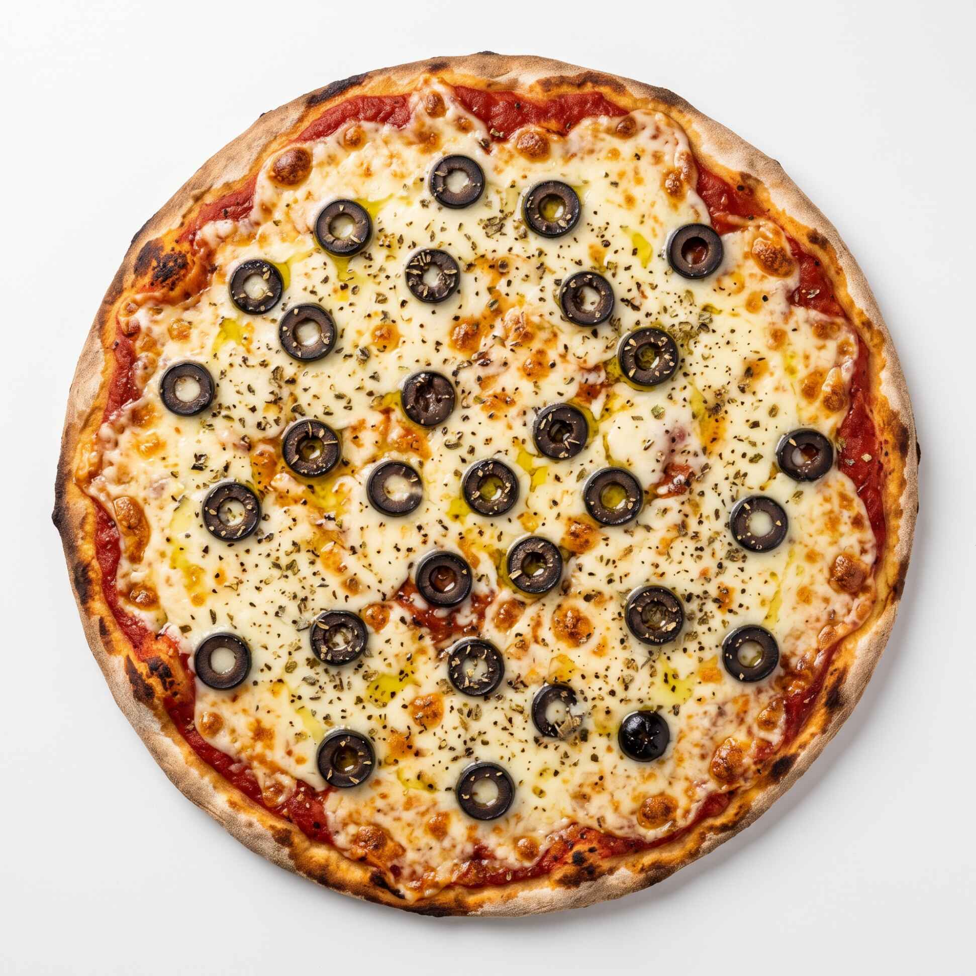 Incrível pizza com Molho de Tomate Artesanal da Casa, Muuuuito Queijo muçarela, rodelas de Tomate, Azeitonas Pretas e Orégano