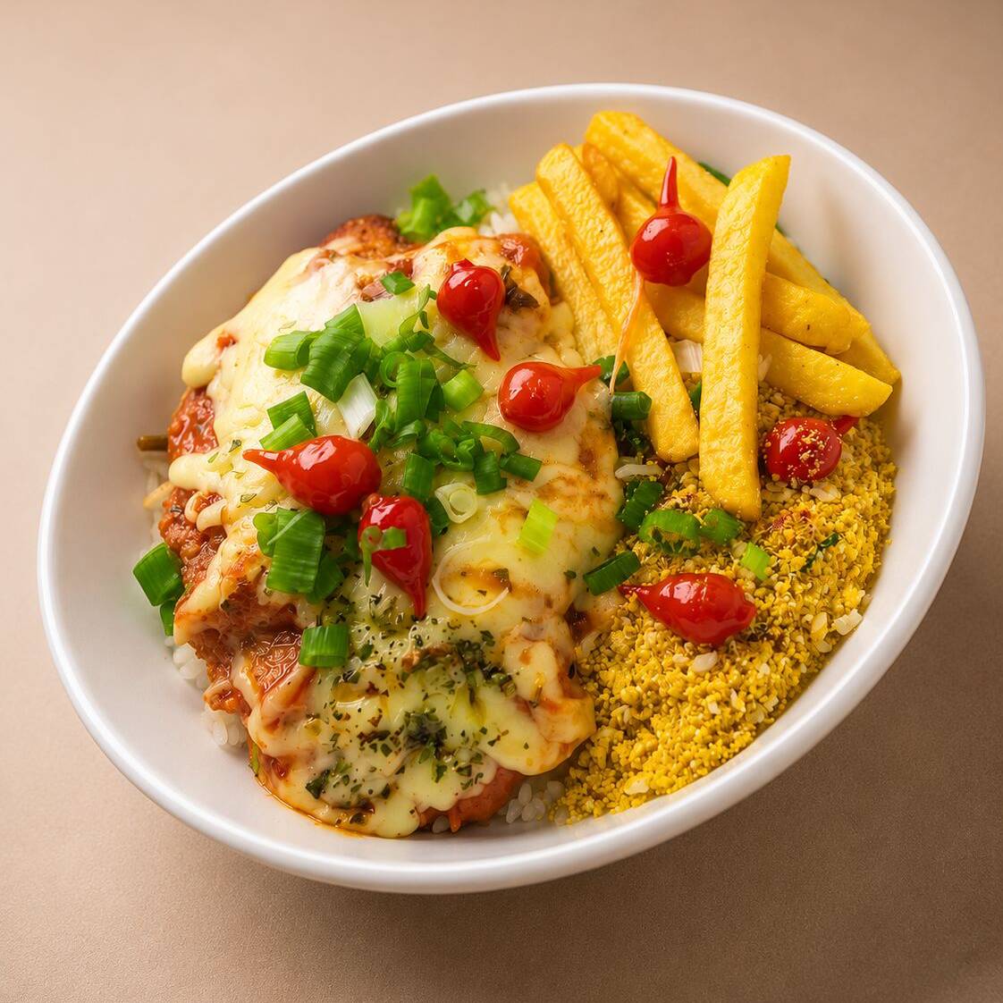 Deliciosa Parmegiana de Contrafilé, servida com arroz, feijão e farofa. Escolha entre batata frita ou macarrão alho e óleo para um sabor irresistível. Porção individual.
