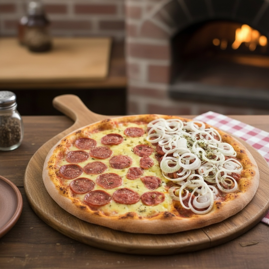 Pizza meio a meio: uma metade com massa tradicional de fermentação natural, molho artesanal de tomate, calabresa, cebola, orégano e azeitonas pretas; e a outra metade com massa tradicional de fermentação natural, molho artesanal de tomate, calabresa fatiada e mussarela. Uma mistura de sabores irresistíveis em cada pedaço!