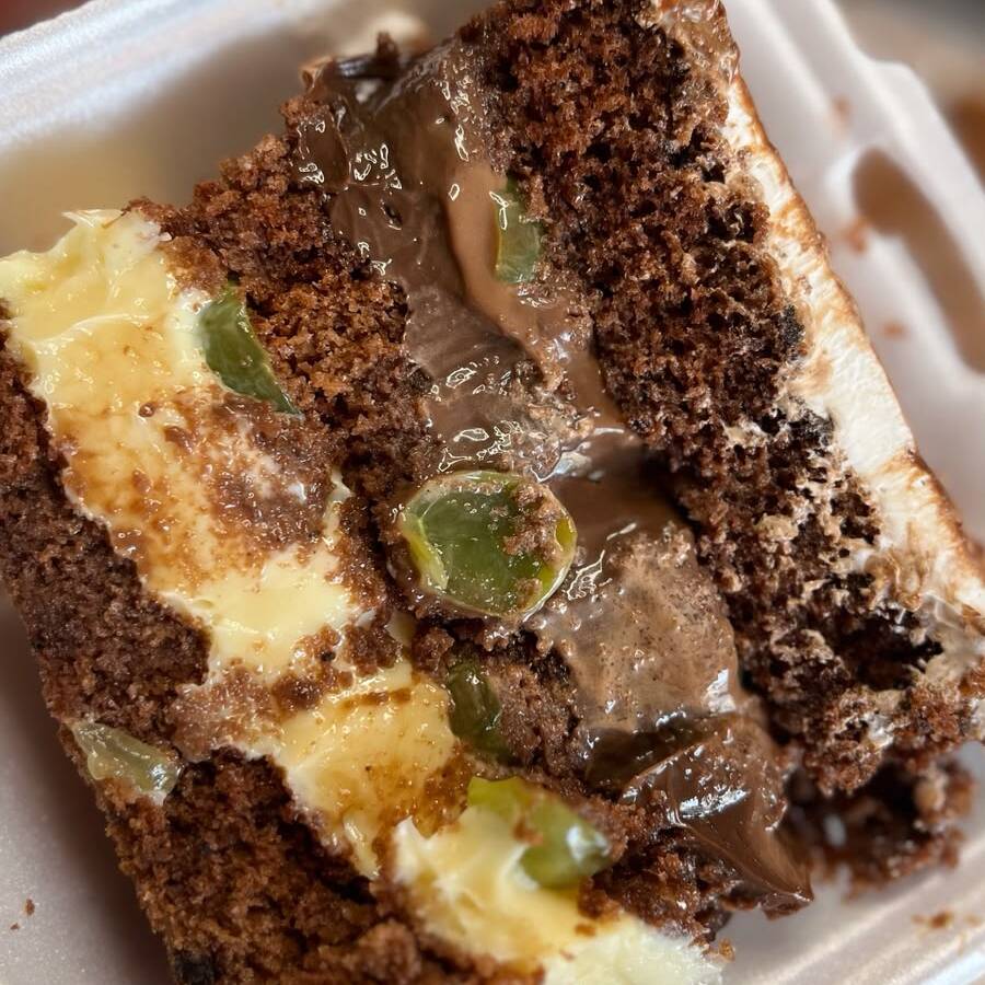 Deliciosa Torta massa cacau recheio creme de ninho , creme chocolate 50% cacau e uvas sem sementes picados ao meio . Acompanha calda de Chocolate
