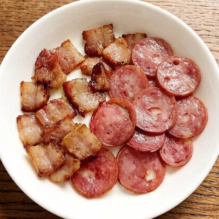 Acarrão, Molho, Mussarela, Milho, Calabresa e Bacon