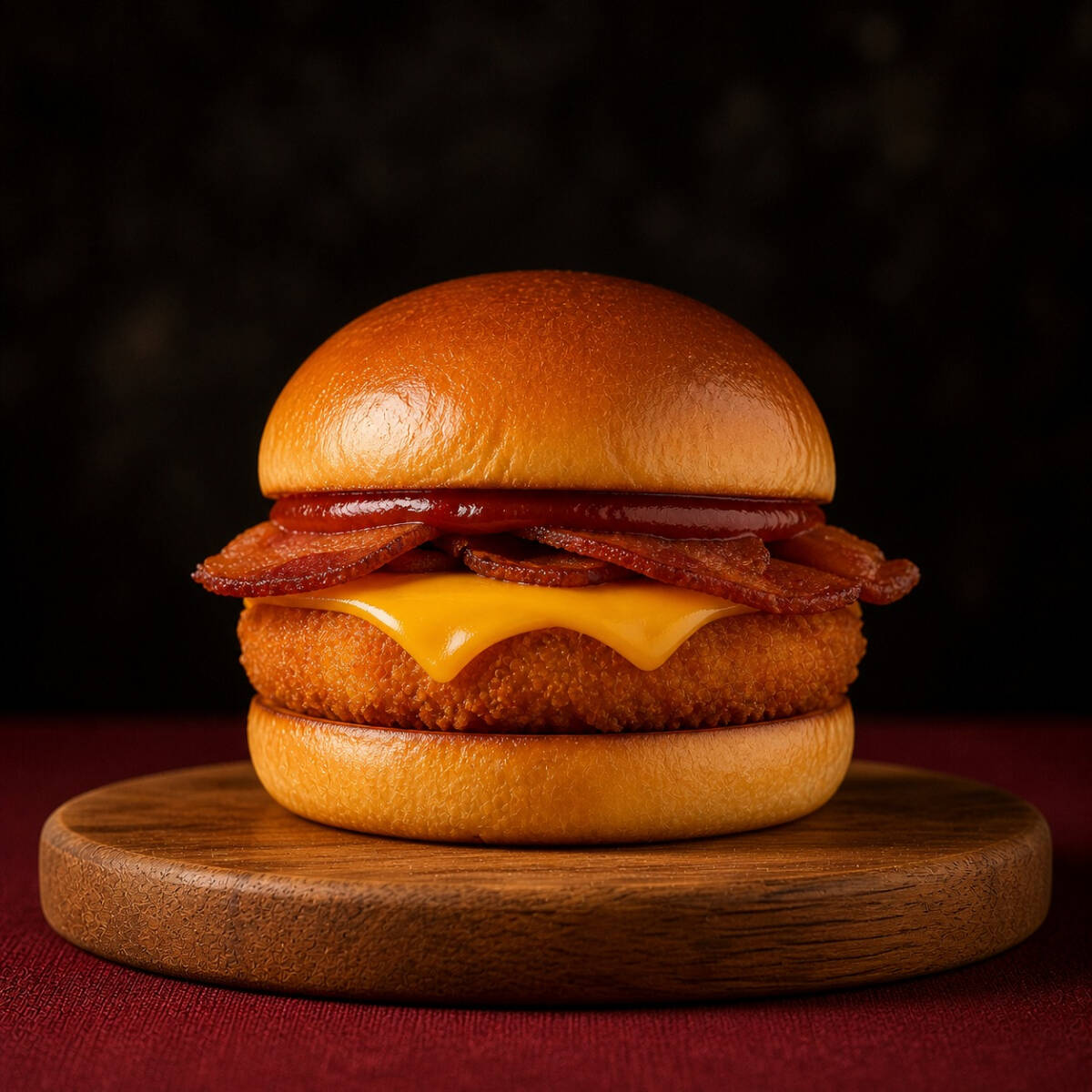Pão Brioche, Disco de frango empanado, queijo cheddar derretido, finas fatias de bacon e ketchup