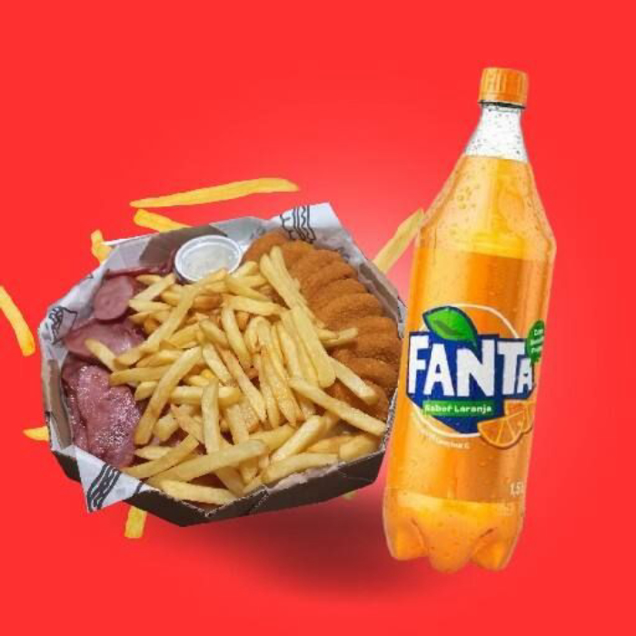 Este Combo Misto é uma deliciosa combinação de sabores e texturas. A porção de batatas, generosamente cobertas com cheddar cremoso, Catupiry e ketchup saboroso, se une a uma porção de nuggets crocantes e irresistíveis. Para completar, uma porção de calabresa suculenta. Tudo isso é acompanhado de um refrigerante refrescante, disponível nas opções de 1l ou 1,5l. É a escolha perfeita para quem busca uma refeição completa e saborosa.