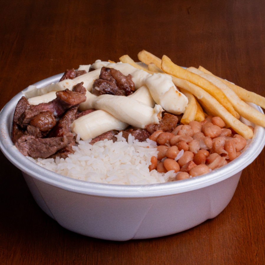 Picanha em tiras com Catupiry Original, Arroz soltinho, Feijão bem temperado e Fritas (550g)