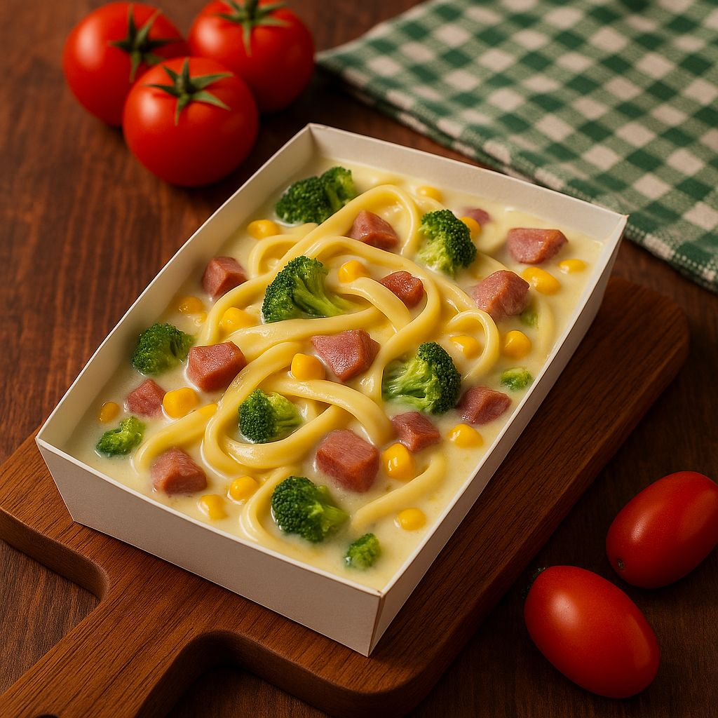 Para os amantes de cremosidade! Talharim no ponto perfeito, envolto em nosso molho branco exclusivo, com bacon e calabresa defumada crocante. Finalizado com milho verde e brócolis temperados com receita especial da casa. Marmita selada de 500g, garantindo frescor e sabor até a última garfada. Peça agora e se delicie com essa combinação irresistível!