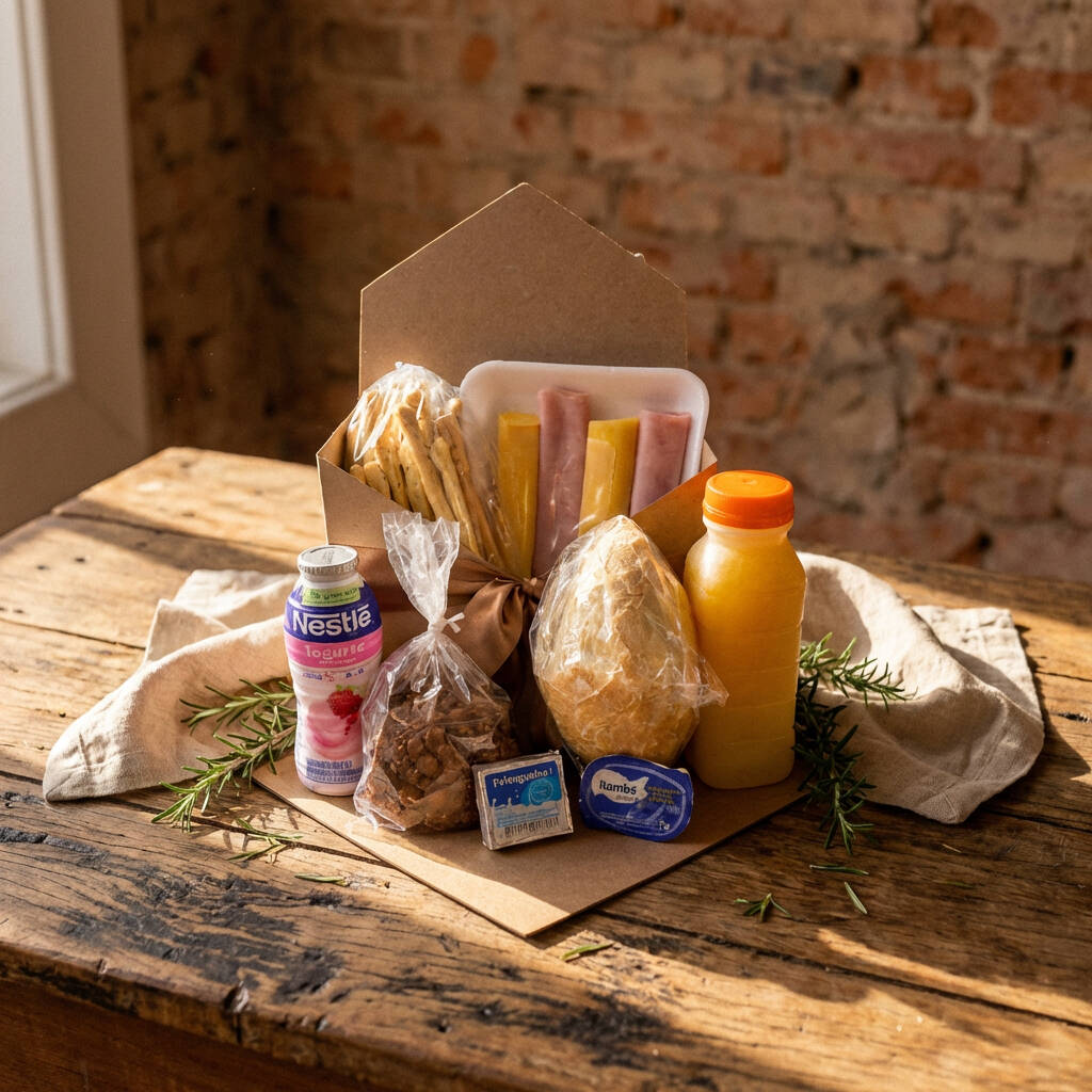 - Queijo Prato - Peito de Peru - Pão Artensal de Fernentação Natural - Suco de laranja de 300ml - Iogurte - Polenguinho - Cookie de chocolate ou Baunilha - Blister Manteiga - Grissini