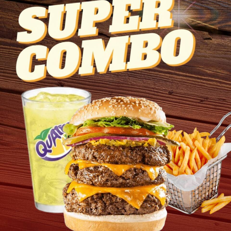 Hamburguesa Triple + Papas + Quatro