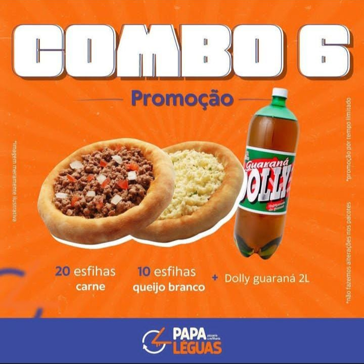 20 esfihas de carne + 10 esfihas de queijo branco + 1 dolly guarana 2 litros