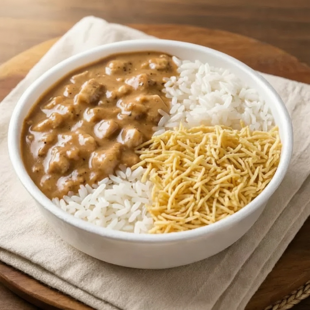 Marmita com Strogonoff de frango + Arroz e Batata Palha Marmita de 550 ml*
