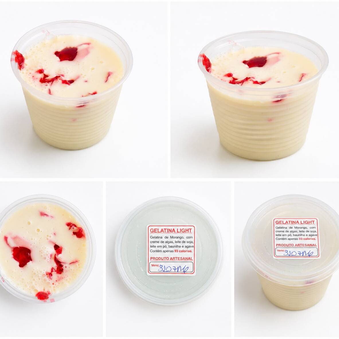 Gelatina (93 kcal) de Morango ou Côco, feita com creme de algas, leite de soja, leite em pó, baunilha e agave.