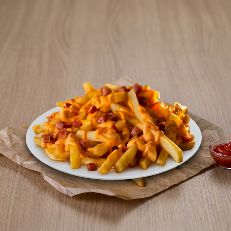 Batata frita com molho cheedar e bacon
(Imagem ilustrativa)