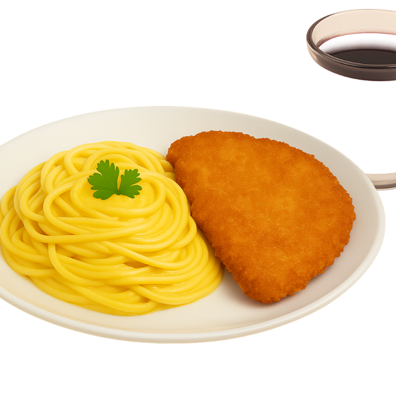 Fideos a la Huancaina con Milanesa + Sopa + Bebida