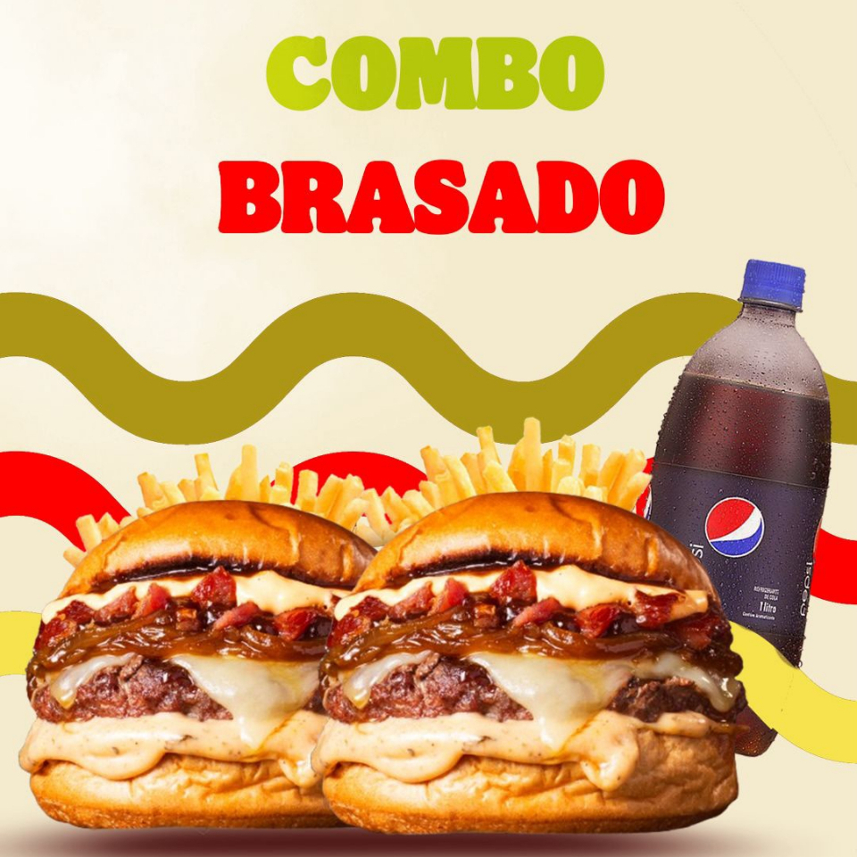 Dois Deliciosos Burgers Na Brasa + 2 Batatas Médias Sequinha e Crocante + Pepsi 1 litro bem Gelada.