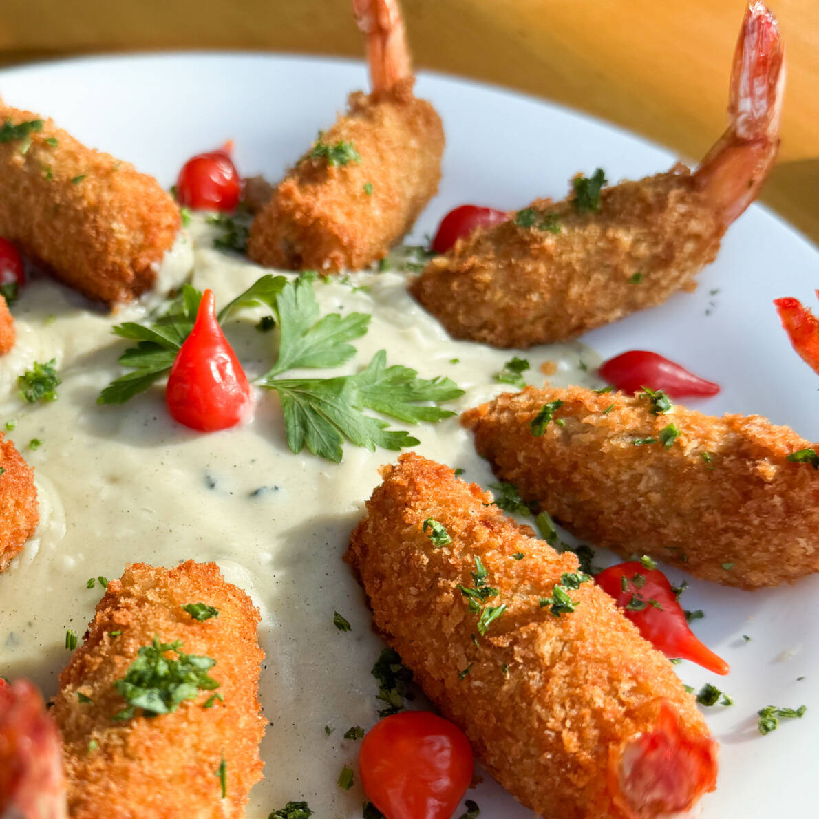 10 Camarões grande empanados e afogados no molho gorgonzola