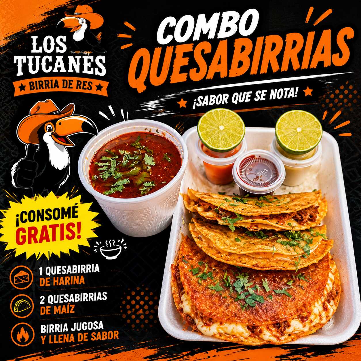 Combo. Quesabirrias (2QB, 1QBH, 1Consome Ch)
