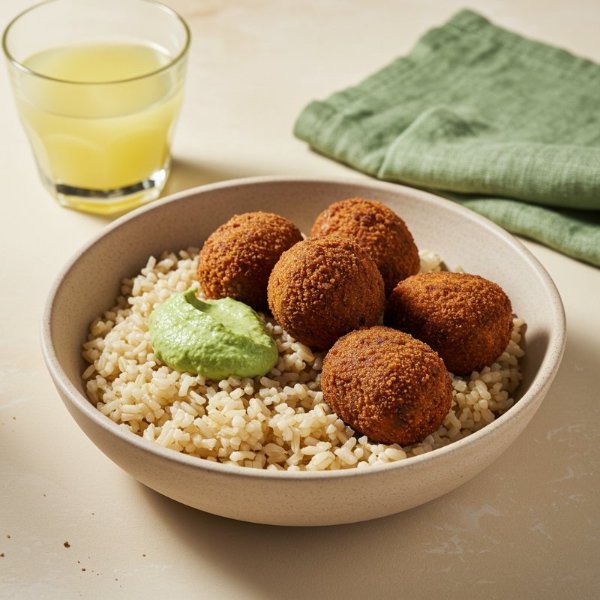 Albondigas de berenjena +Arroz +Bebida