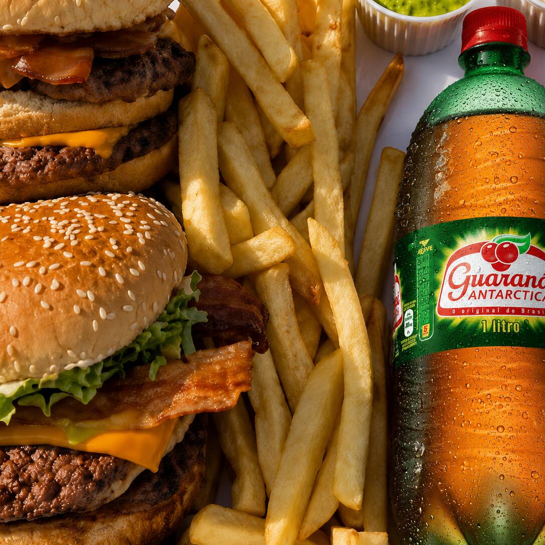 Combo na Caixa – 2 Big Smash Catupiry e Bacon, preparados com pão macio, hambúrguer smash, bacon crocante, Catupiry cremoso e muito sabor. Acompanha batata frita crocante e 1 Guaraná Antárctica 1l bem gelado.